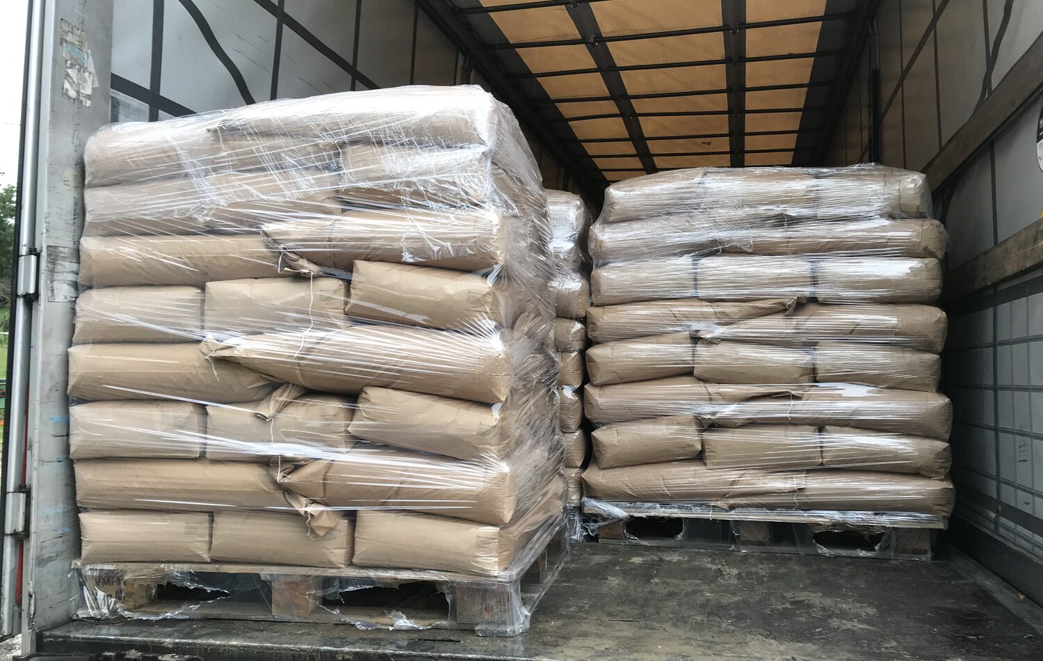 Packed bags prepared on pallets.